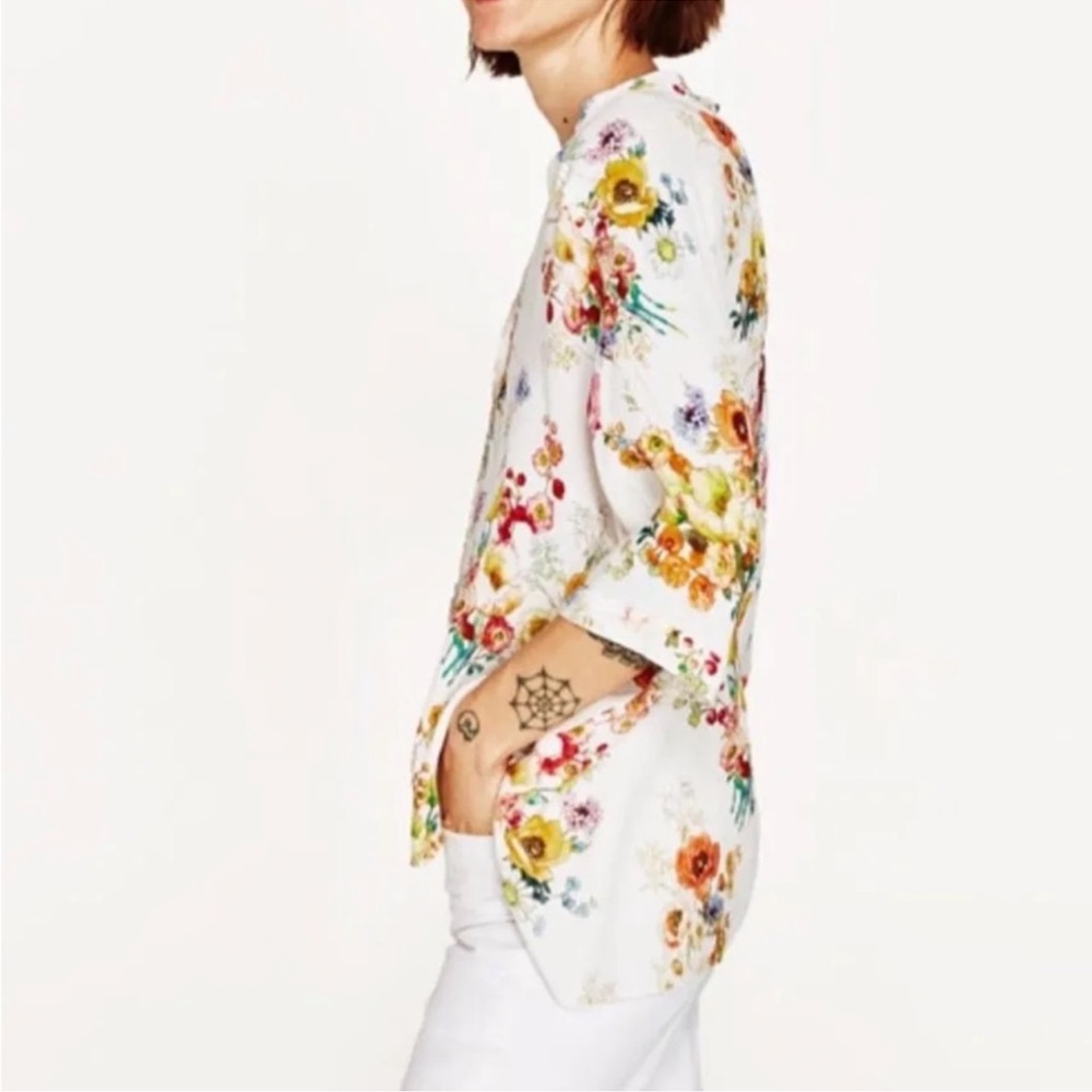 Zara Basic Floral Button Front Oversized Tunic Wh… - image 2